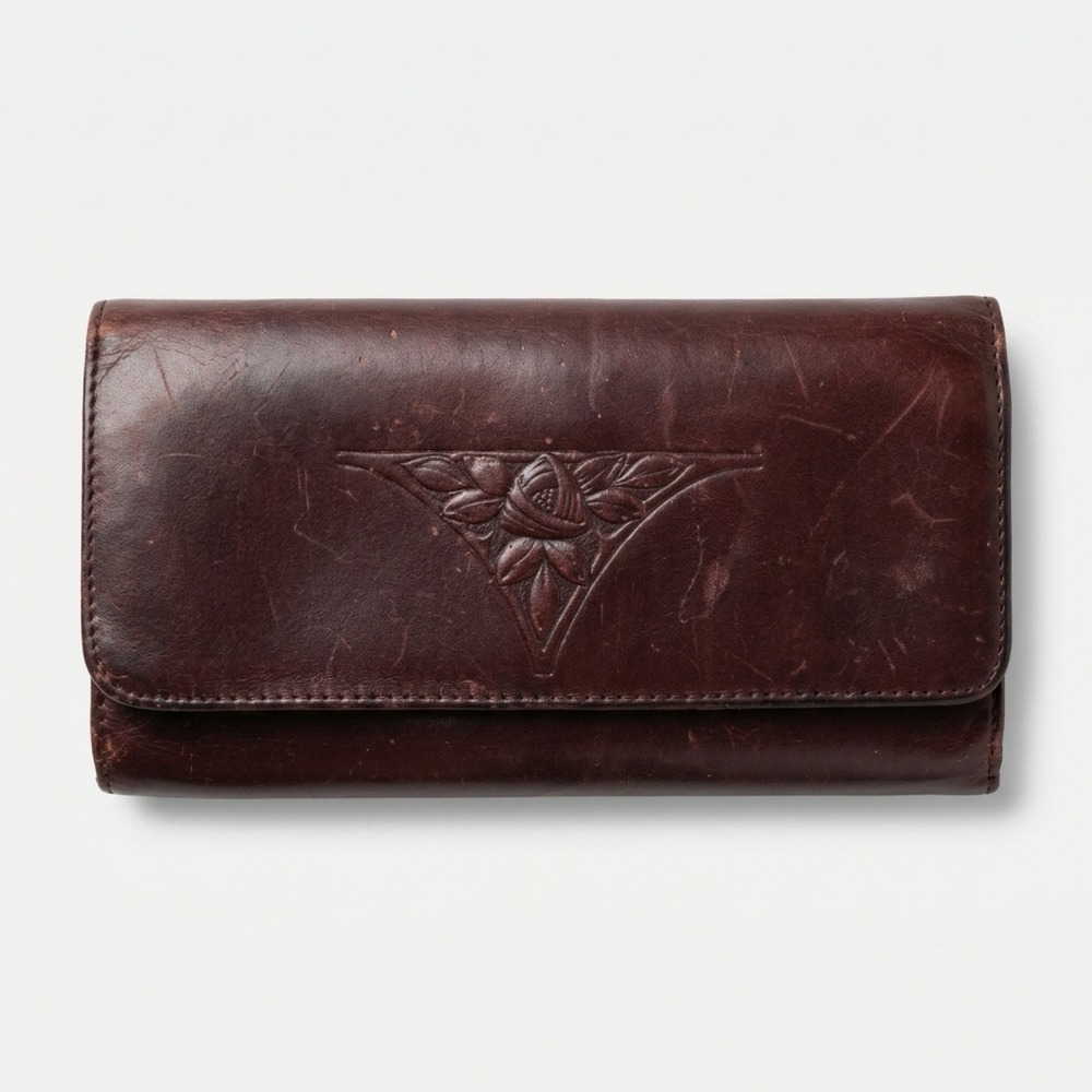 Vintage Rolfs Burgundy Leather Trifold Wallet Rose Embossed Kiss Lock Clutch